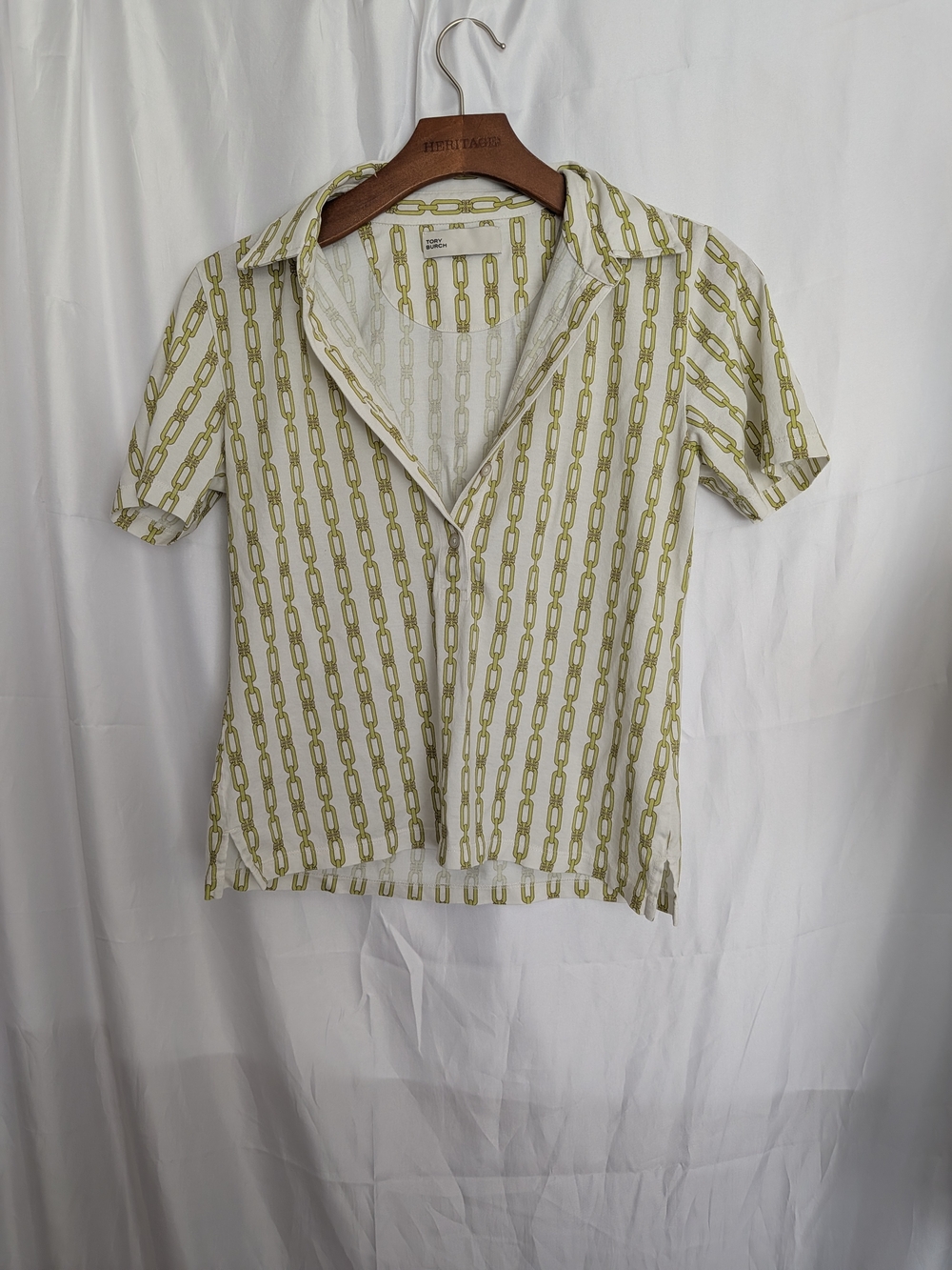 Tory Burch White Polo Short-Sleeve with Chain Print Size Small